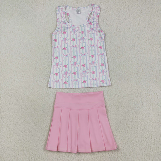 RTS NO MOQ GT1014+GLK0088 Floral and bow pattern colorful striped tank yoga top Solid light pink yoga skirt sets