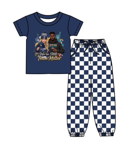 Custom moq 8 mix size milk silk summer teams baby boy clothes navy blue plaid short sleeve pants sets-25.9.29