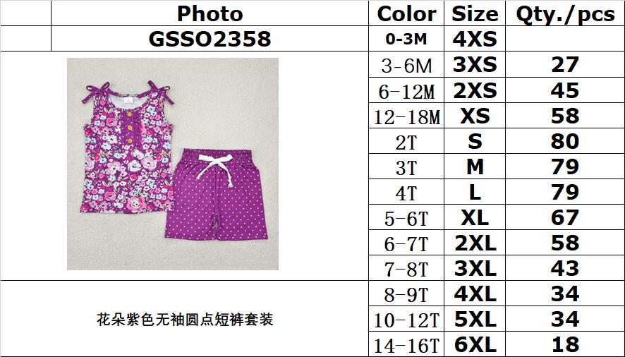 RTS NO MOQ GSSO2358 Flower purple sleeveless polka dot shorts set