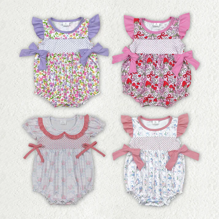RTS NO MOQ baby girls clothes embroidery floral short-sleeved romper