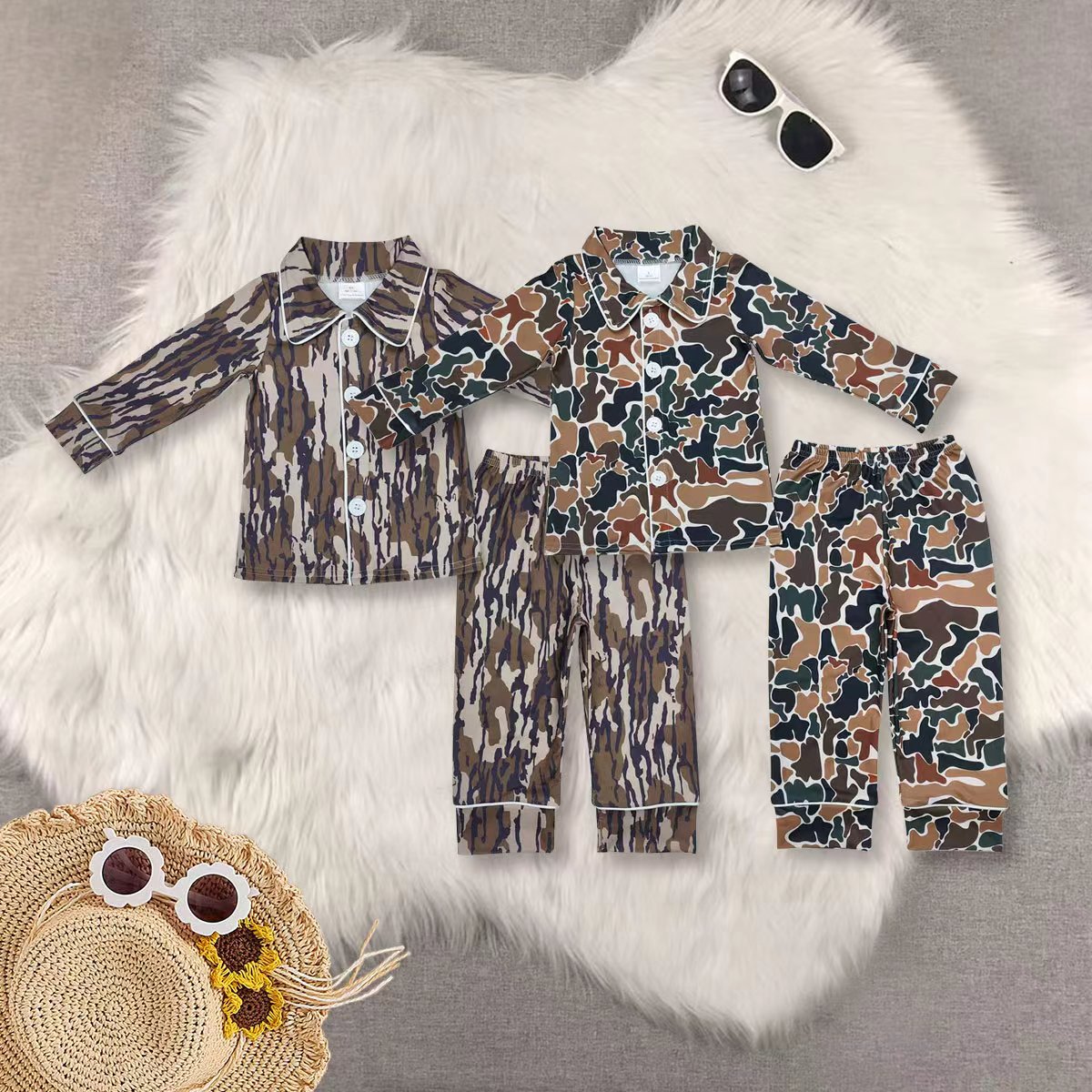 RTS NO MOQ Sibling baby boy clothes Camouflage Button Cardigan Long Sleeve Pajama Set