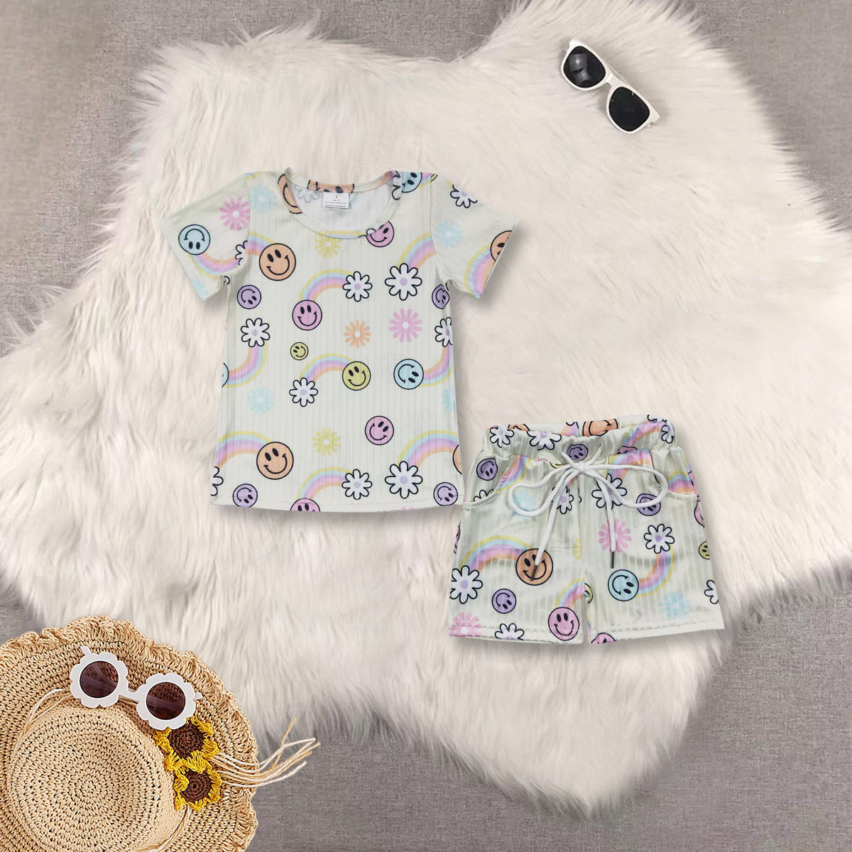 RTS summer pajamas  Girls Smiley Rainbow White Short Sleeve Shorts Set rib fabric