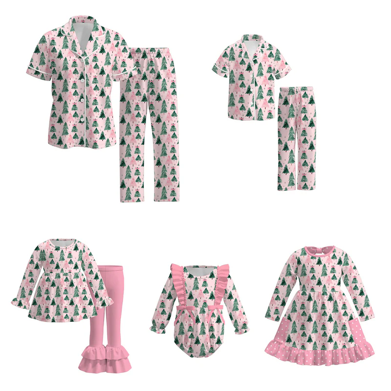 Custom moq 5 each style eta 6-7weeks Christmas trees pink baby girl short sleeve pant sets and long sleeve pants sets and dress and romper and adult set