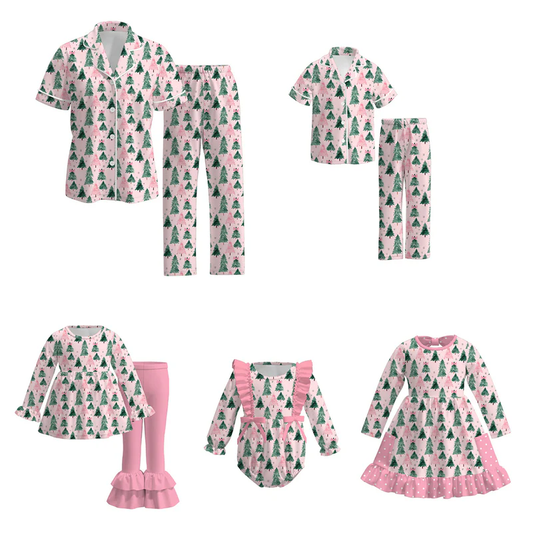 Custom moq 5 each style eta 6-7weeks Christmas trees pink baby girl short sleeve pant sets and long sleeve pants sets and dress and romper and adult set
