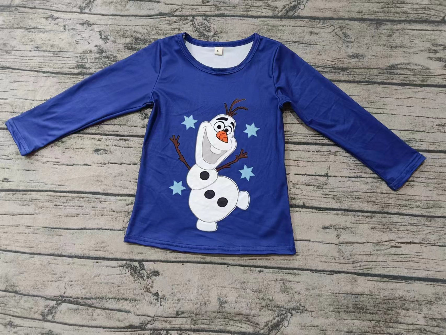 Custom moq 3 eta 6-7weeks Blue long-sleeved top with embroidered snowman
