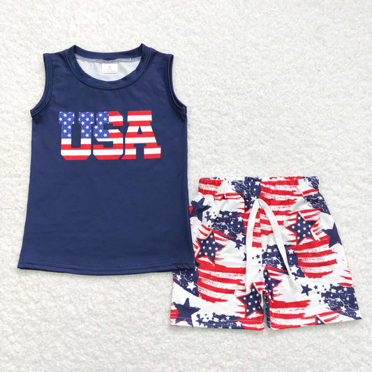 BSSO0461 usa letter black sleeveless vest shorts suit （3/6m-7/8t） USA boys sets