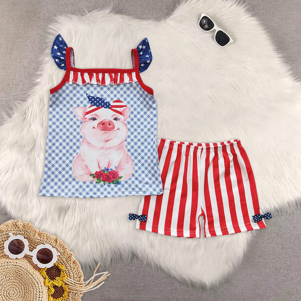 RTS NO MOQ Baby girl clothes 4th of july Short Sleeve shorts Suit