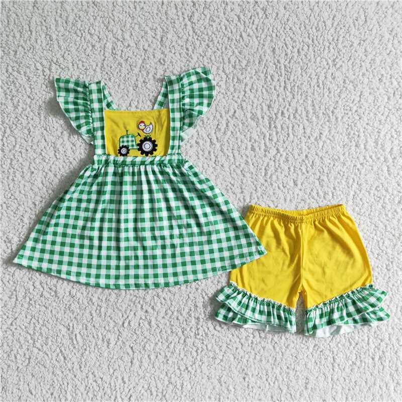 RTS NO MOQ ETA 5/7days Arrived GSSO0056 Girls green plaid embroidery car chick flying sleeves yellow lace shorts suit