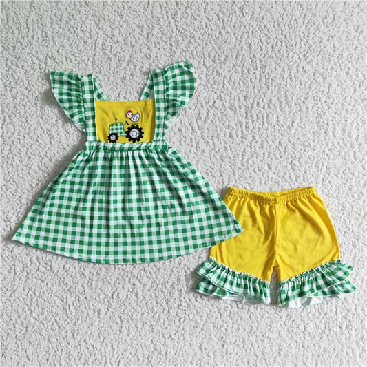 RTS NO MOQ ETA 5/7days Arrived GSSO0056 Girls green plaid embroidery car chick flying sleeves yellow lace shorts suit