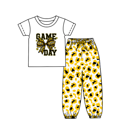 Custom summer teams baby boy clothes team GAME DAY bow yellow camouflage short sleeve pants sets-25.9.5）