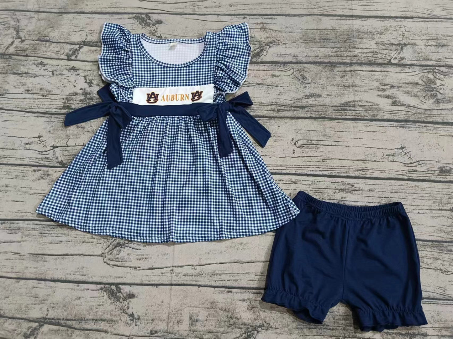 custom moq 5 eta 4-6weeks summer team baby girls clothes navy blue flying sleeve shorts set