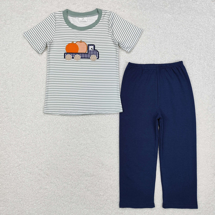 RTS Sibling baby boy clothes embroidery pumpkin short Sleeve pants sets