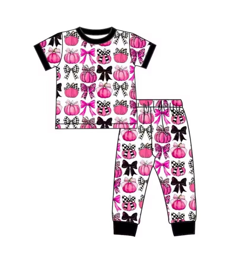 Custom moq 3 eta 6-8weeks baby boys clothes pumpkin bow rose red Short Sleeve Long Pants Pajama Set