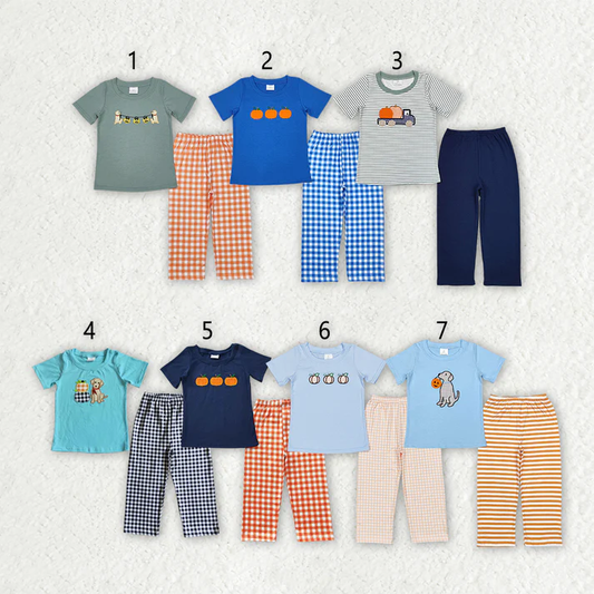 RTS Sibling baby boy clothes embroidery pumpkin short Sleeve pants sets