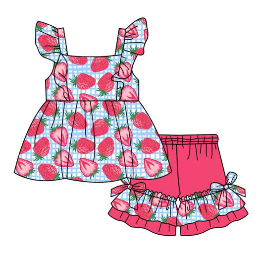 Custom moq 5 mix size milk silk baby girl clothes strawberry flying sleeve shorts sets and dresses 2