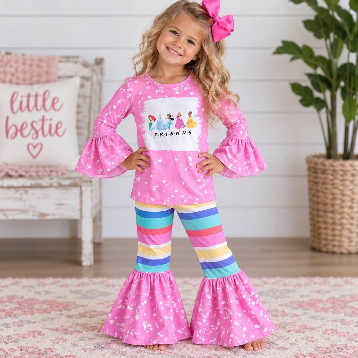 6 C8-3 Baby Girls Pink  Print Long Sleeve Top Bell Bottom Pants Casual Outfit Set
