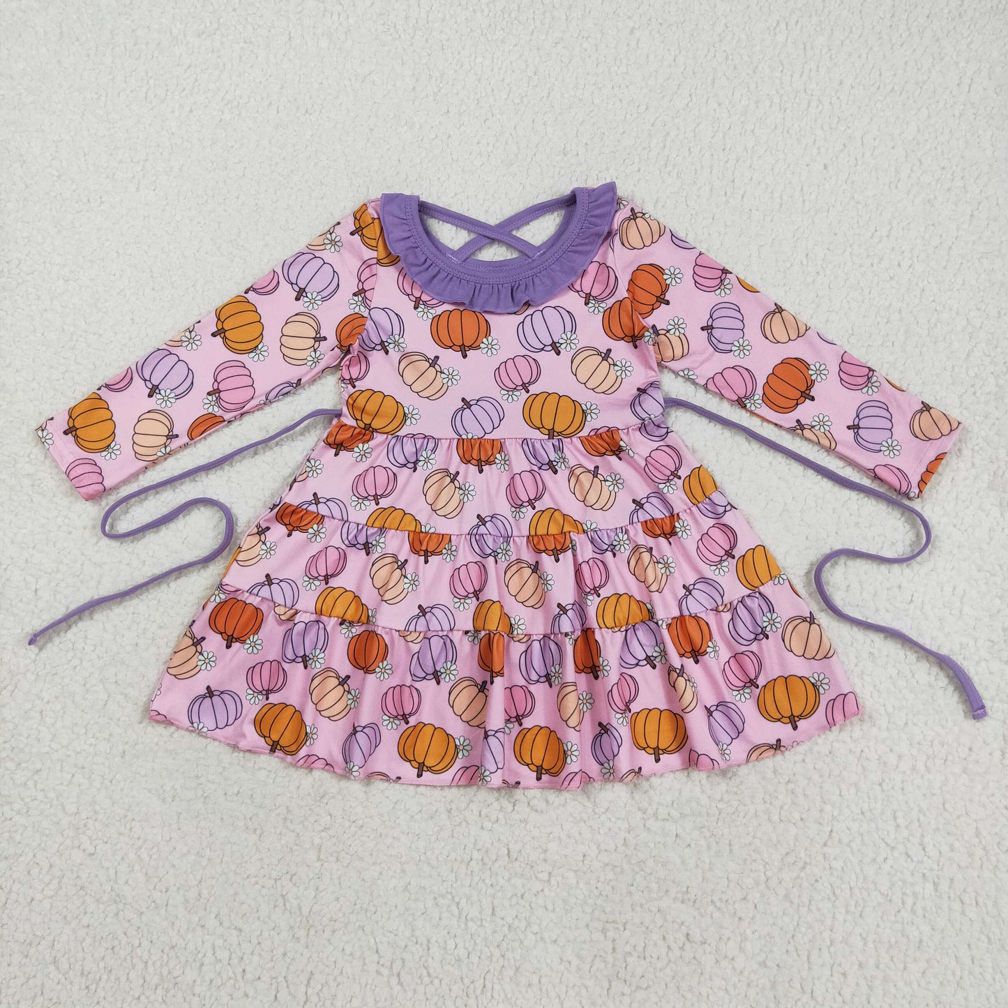 RTS NO MOQ（In Stock) GLD1032 Pumpkin Blossom Purple Lace Belt Long-Sleeved Pink Dress