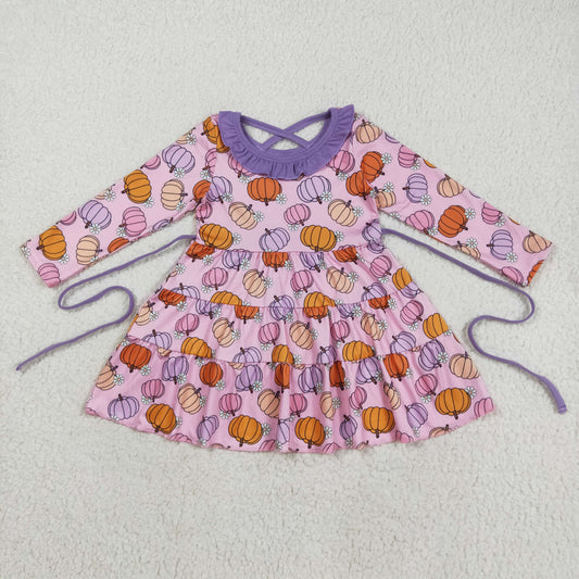 RTS NO MOQ（In Stock) GLD1032 Pumpkin Blossom Purple Lace Belt Long-Sleeved Pink Dress