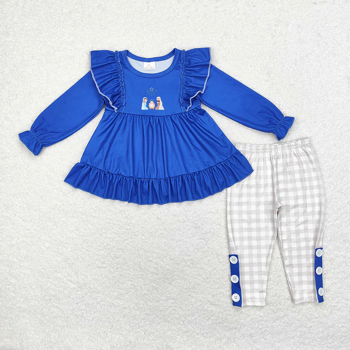 RTS NO MOQ Baby Girls Jesus blue long sleeve Clothes Sets