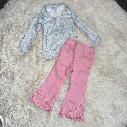 RTS NO MOQ（In Stock) GT1182+P0463 yoga floral zipper long sleeve top Pink tassel elastic waist denim pants sets