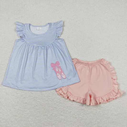GSSO0582 Embroidered bow ballet shoes blue striped flying sleeves pink shorts suit