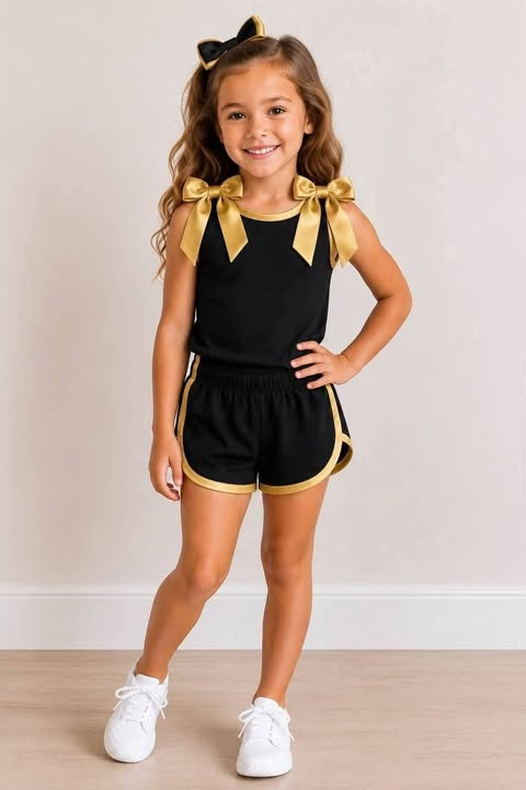 custom moq 5 mix size Baby Girls Black Gold Trim Bow Strap Sleeveless Tank Top And Shorts Two Piece Summer Outfit Set