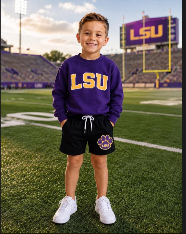 custom moq 5 mix size milk silk ASBU01 Baby Kids Team Letter Print Purple Crewneck Sweatshirt And Drawstring Black Shorts Outfit Set