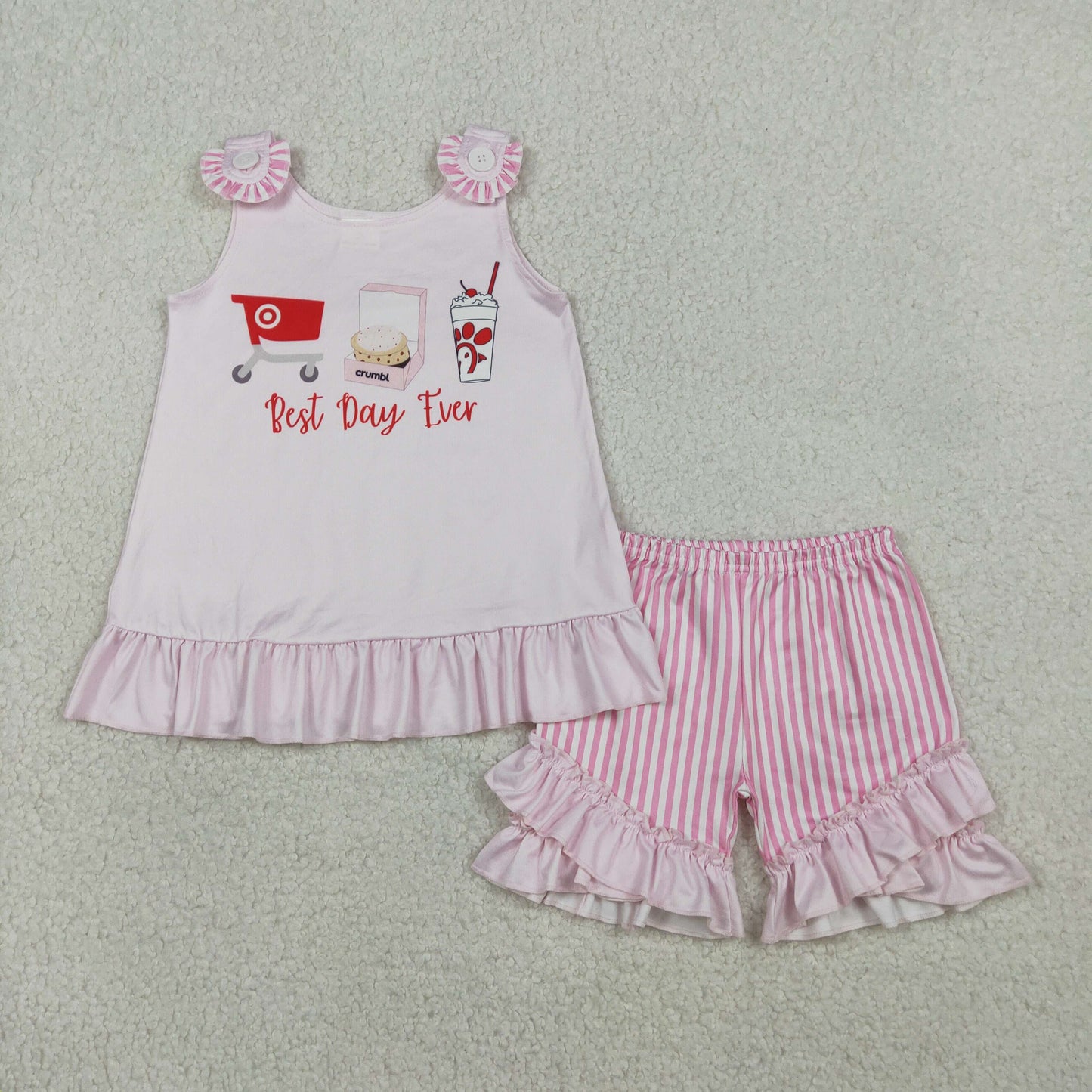 RTS NO MOQ（In Stock) GSSO3008 Best Day Ever Pink Sleeveless Vertical Striped Shorts Set