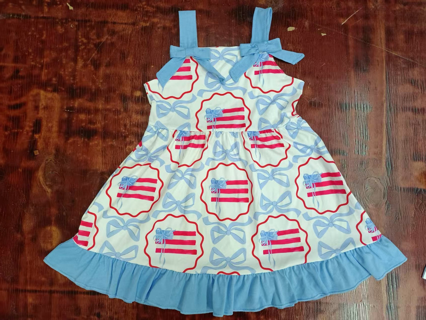 Custom moq 3 eta 6-7weeks baby girl clothes bow flag blue sleeveless dress