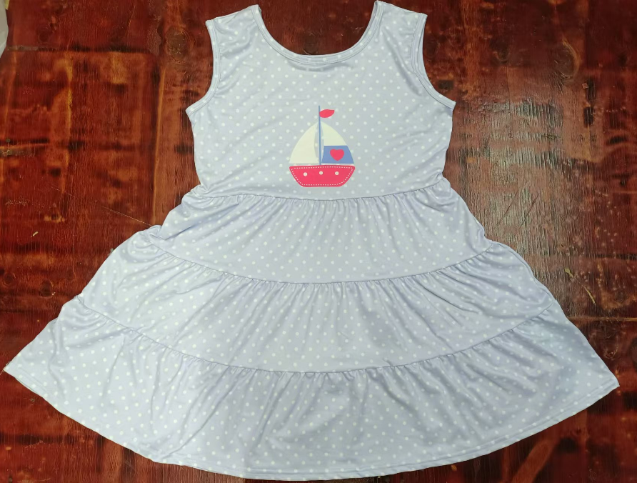 Custom moq 3 eta 6-7weeks  Embroidered sailboat white polka dot lavender sleeveless dress