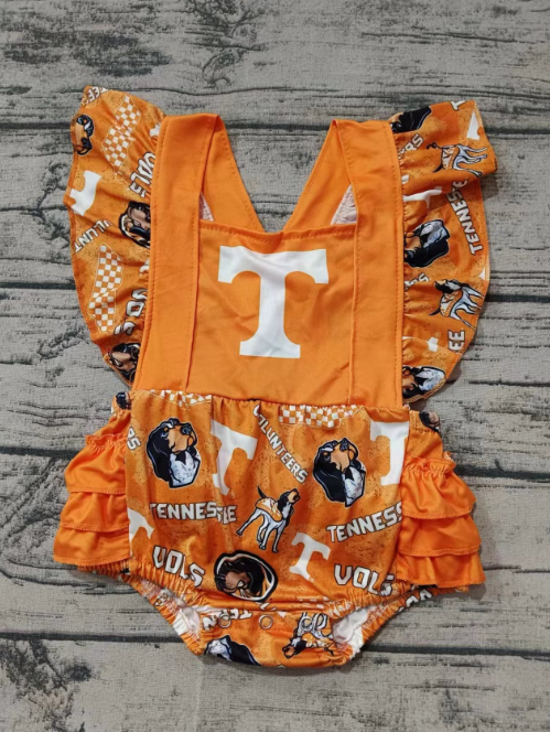 Custom moq 3 eta 6-7weeks Orange flying sleeve short romper with letter T pattern