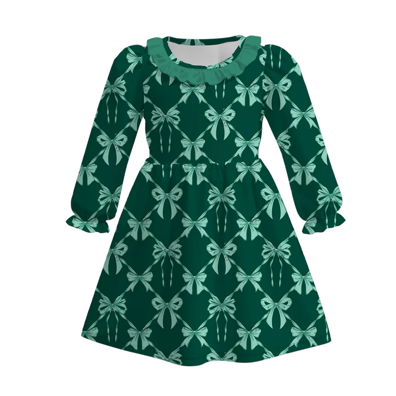 Custom moq 5 each style eta 6-7weeks baby girl bow green long sleeve pants set 1 and pants set 2 and dress and romper