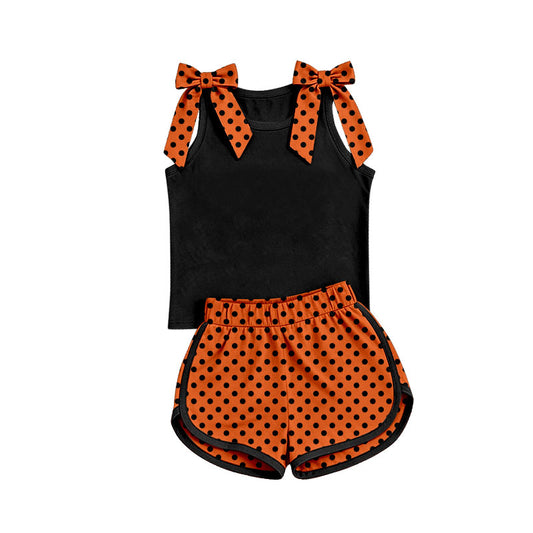 custom moq 5 mix size Baby Girls Polka Dots Orange Bow Sleeveless Black Top Shorts Summer Solid Color Set