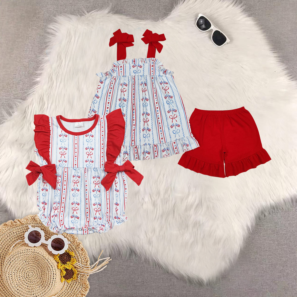 RTS 4th of july flag Short Sleeve Shorts Set romper
