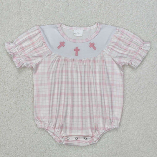 RTS NO MOQ ETA 5/7days arrived SR2504 Embroidered Easter cross pink plaid short-sleeved jumpsuit