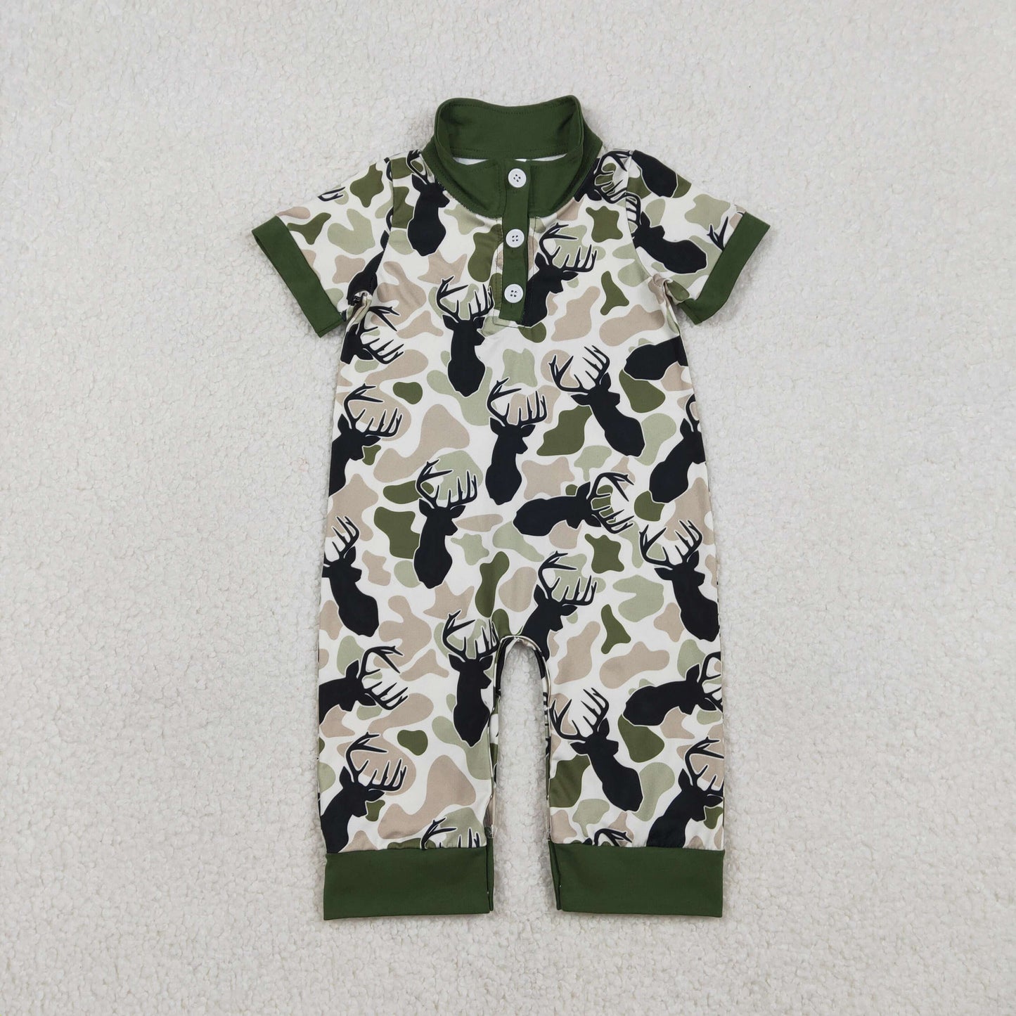 RTS NO MOQ（In Stock ) SR3636 Reindeer brown-green camouflage beige button neckline short-sleeved bodysuit