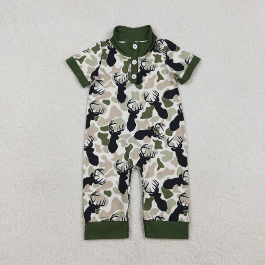 RTS NO MOQ（In Stock ) SR3636 Reindeer brown-green camouflage beige button neckline short-sleeved bodysuit