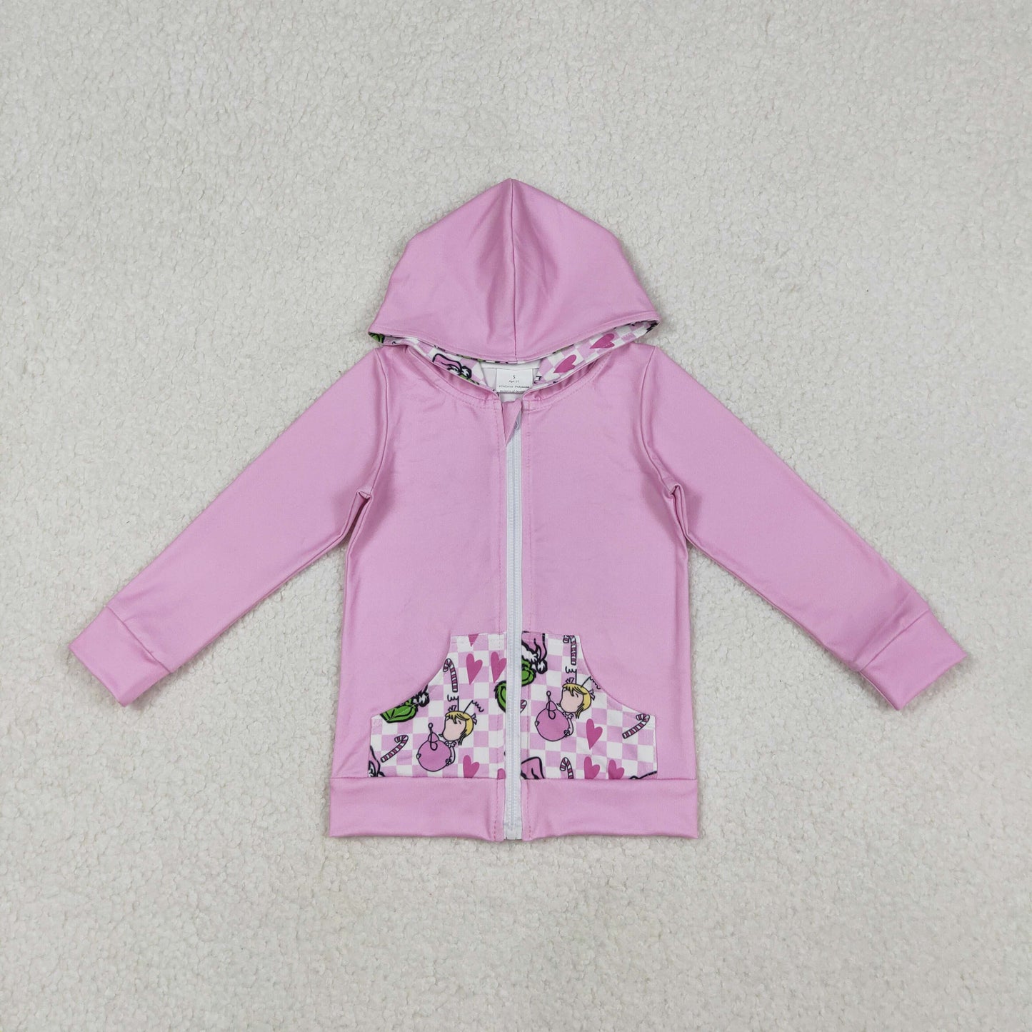 12/18m-7/8t RTS NO MOQ（In Stock) GT1142 cartoon Squad Plaid Pocket Rose Red Zipper Hooded Long-Sleeved Top