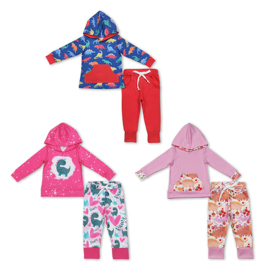 RTS NO MOQ BLP0637 Dinosaur navy blue hooded long-sleeved red trousers suit