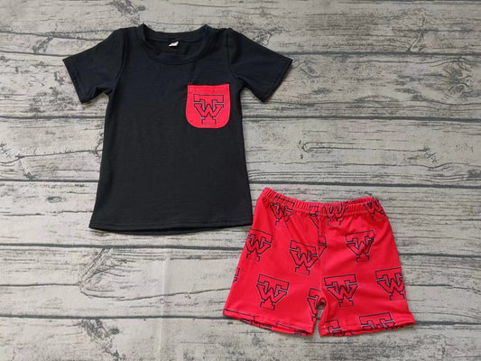 custom moq 5 eta 4-6weeks summer baby boys clothes black short sleeve red shorts set