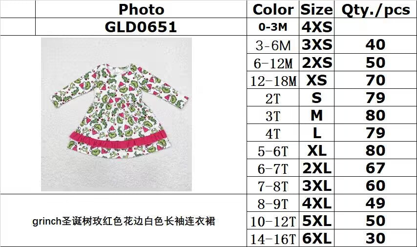 rts no moq GLD0651 Girls Christmas tree rose red white long-sleeved dress