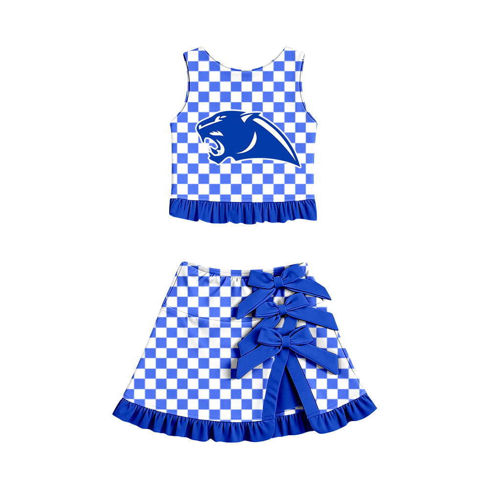 LP01 Baby Girls Blue Sleeveless Vest Top Bow Scallop Edge Skort Two Piece Yoga Active Clothes Sets