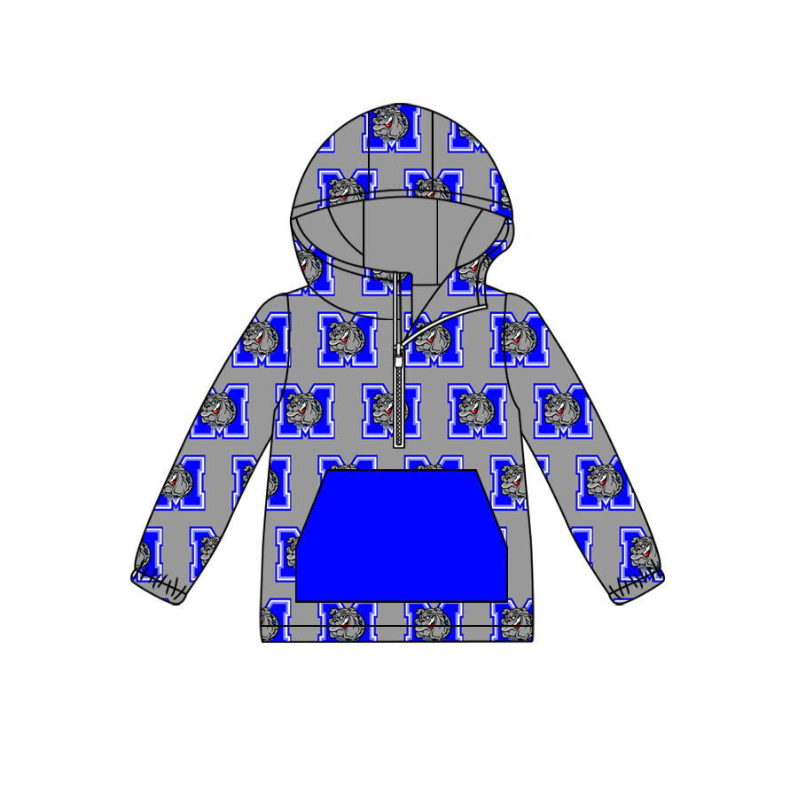 custom moq 5 tat about 6-8week gray and blue   Long Sleeve Hood Zip-Up Hoodie
