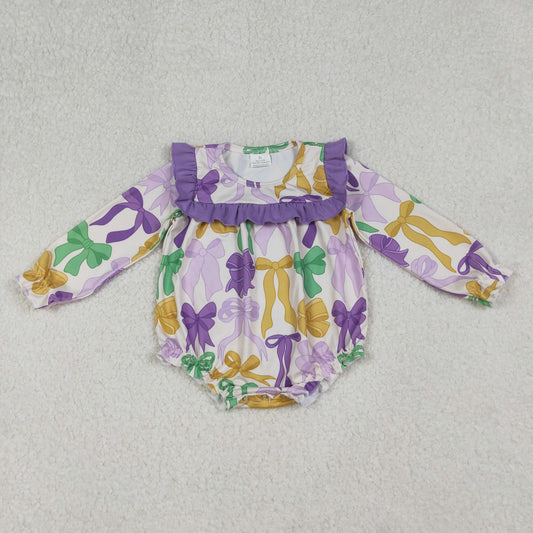 RTS NO MOQ（In Stock) LR2642 Mardi Gras Bow Pattern Purple Lace Long Sleeve Romper