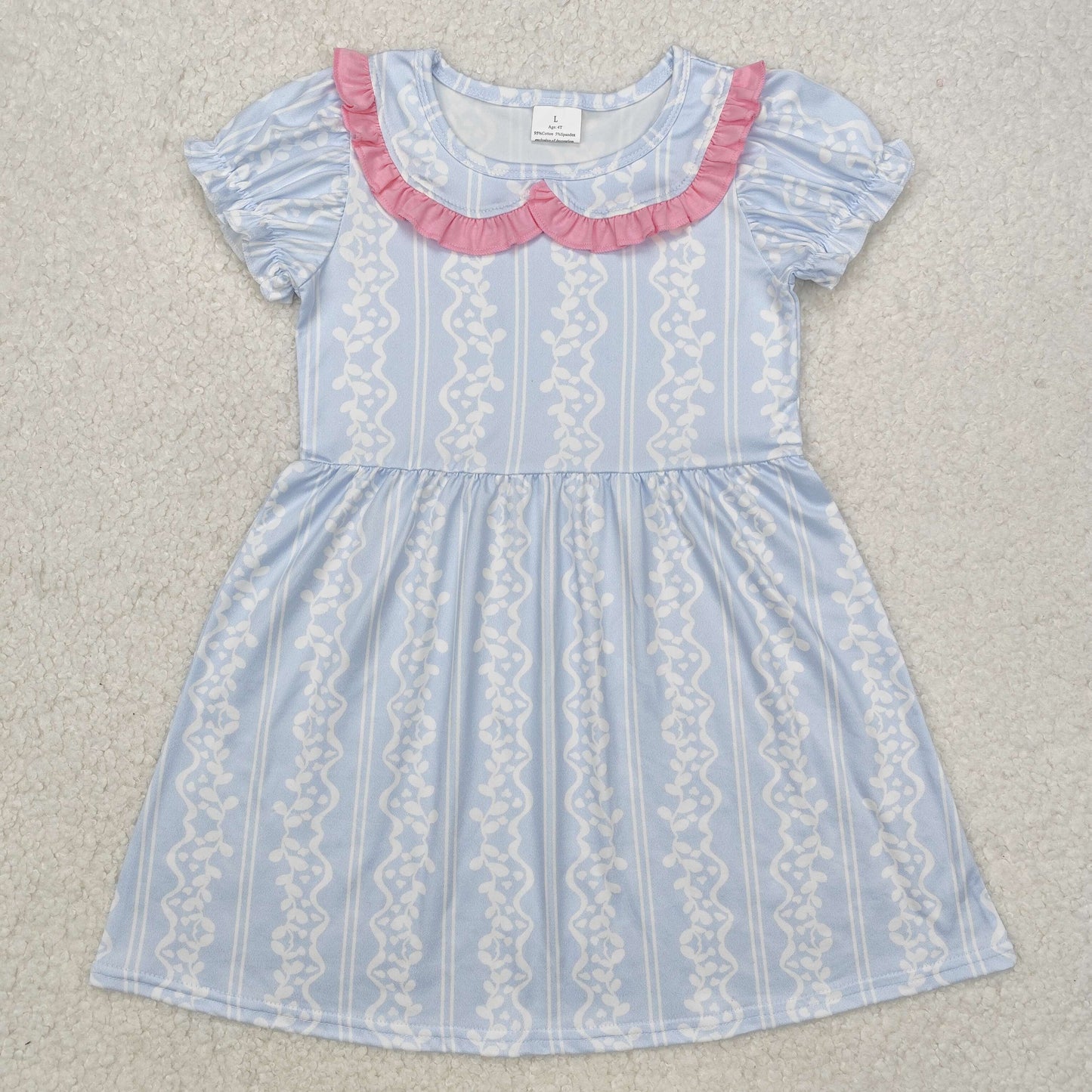 RTS NO MOQ ETA 5/7days Arrived GSD1499 Striped pattern pink lace baby collar blue short-sleeved dress