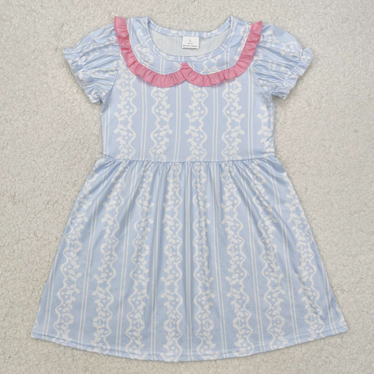 RTS NO MOQ ETA 5/7days Arrived GSD1499 Striped pattern pink lace baby collar blue short-sleeved dress