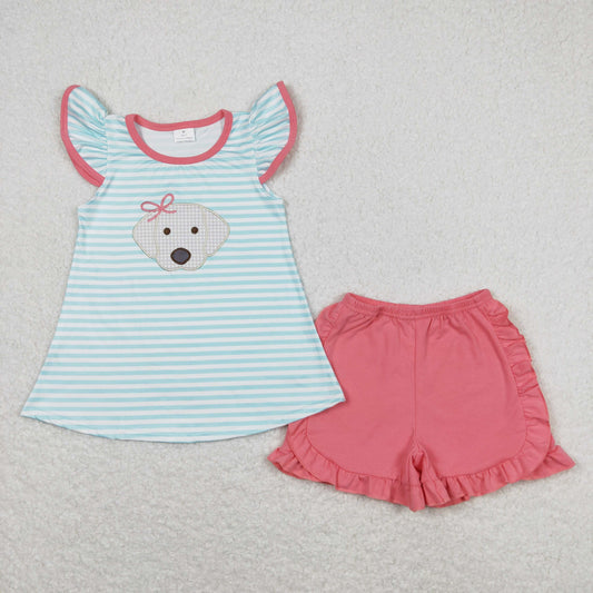 GSSO0555 Embroidered puppy blue striped flying sleeve pink shorts suit