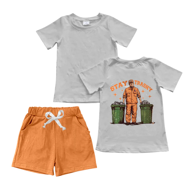 Deadline November 30 custom no moq eta 6-8weeks Baby Boys Light Grey Sanitation Worker Short Sleeve Top Orange Shorts Set