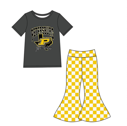 Custom summer teams baby girl clothes team bow yellow plaid short sleeve pants sets-25.8.22