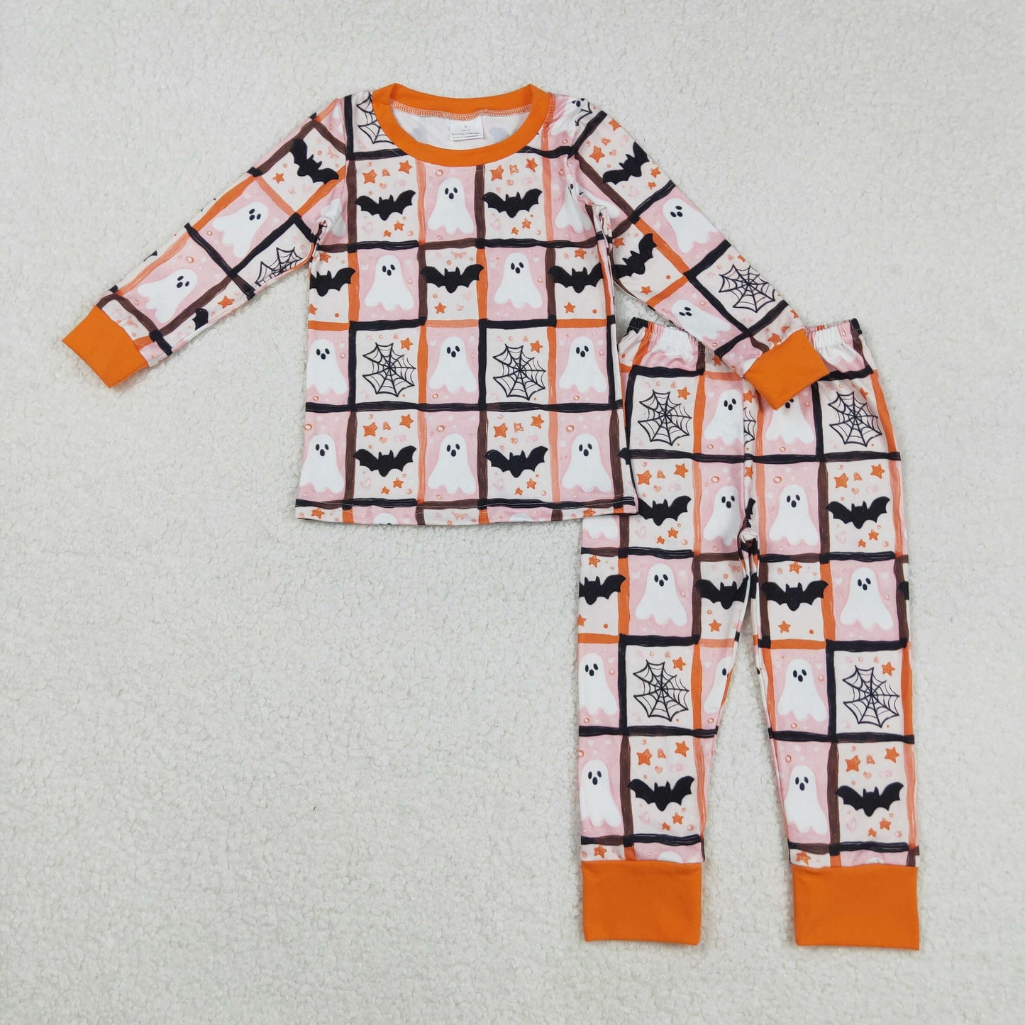 RTS NO MOQ（In Stock) GLP2682 Halloween Ghost Bat Spider Mesh Pink and Orange Long-Sleeved Pants Pajama Set